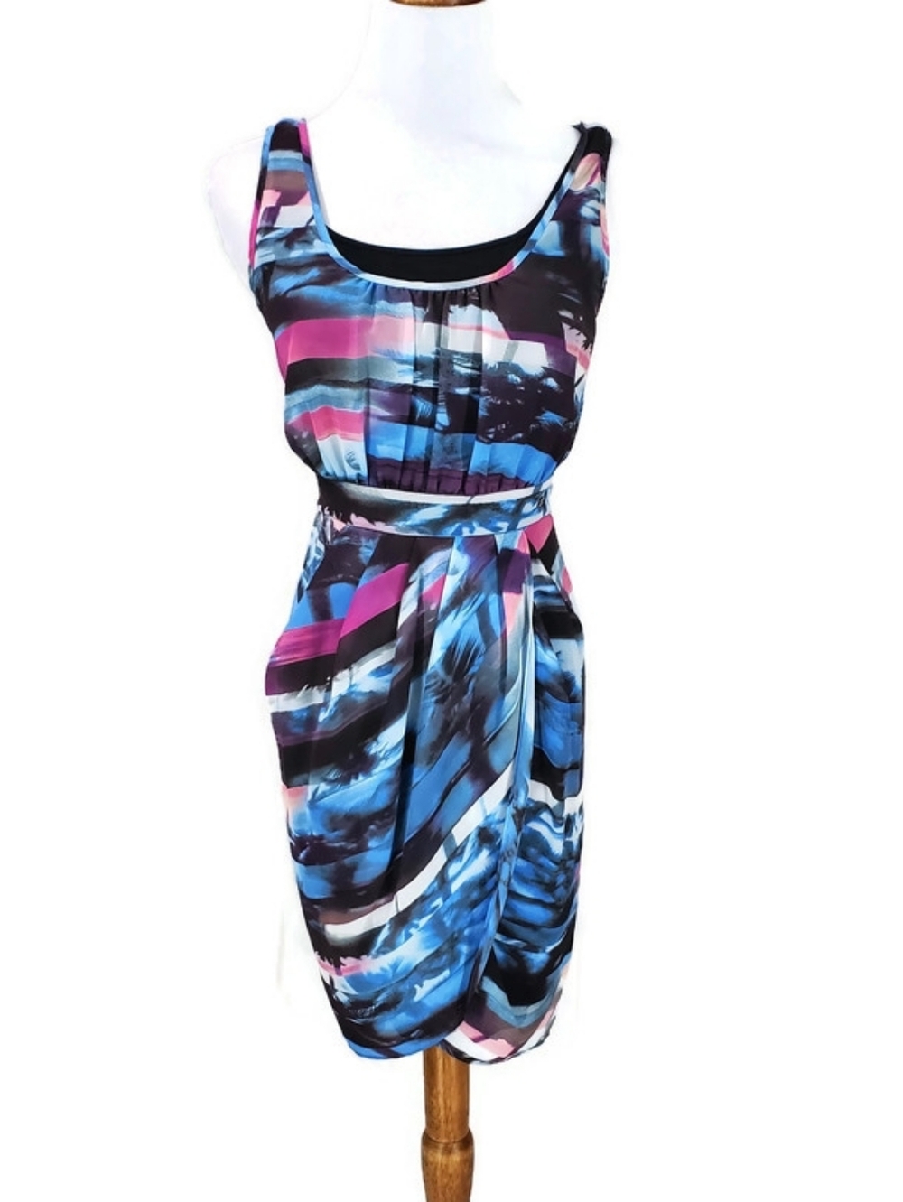 GUESS Wrap Crisscross Blouson Watercolor Y2K Dress Beach Palm Trees Tropical